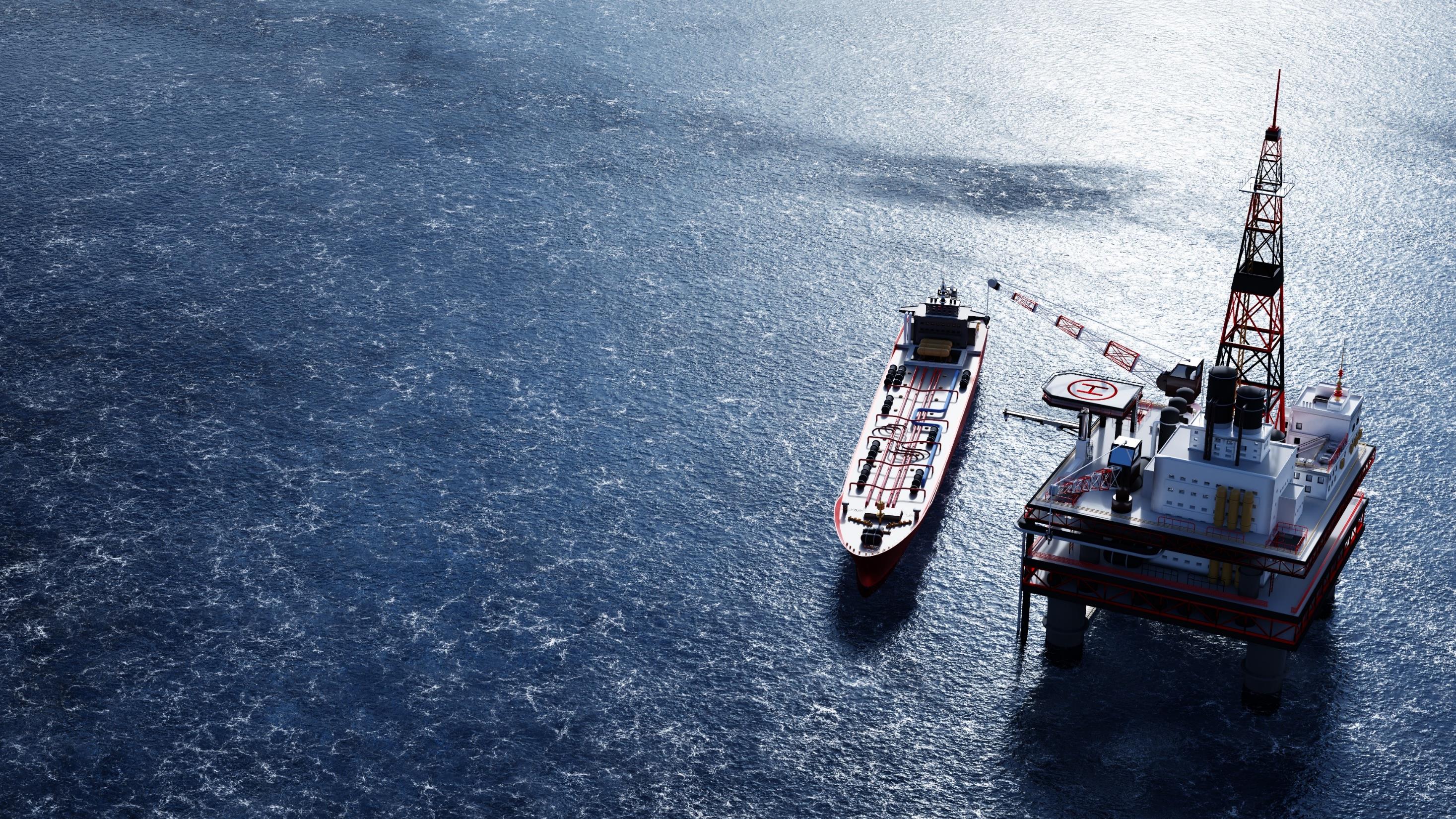 Plataforma offshore e navio petroleiro